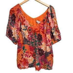 LOFT Blouse Large Floral Print V-Neck Short Sleeve Colorful Top Orange
